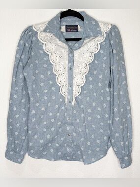 Panhandle Slim Ruffle Prairie Cottagecore Lace Floral Pearl Snap Blouse